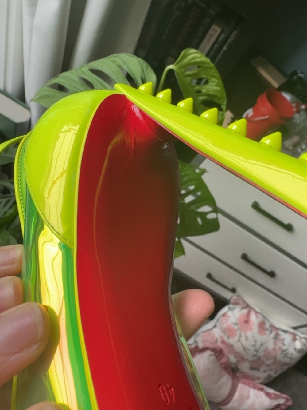 Christian Louboutin Neon Yellow Iridescent Pointed-Toe Ankle-Strap Heels - Picture 13 of 14